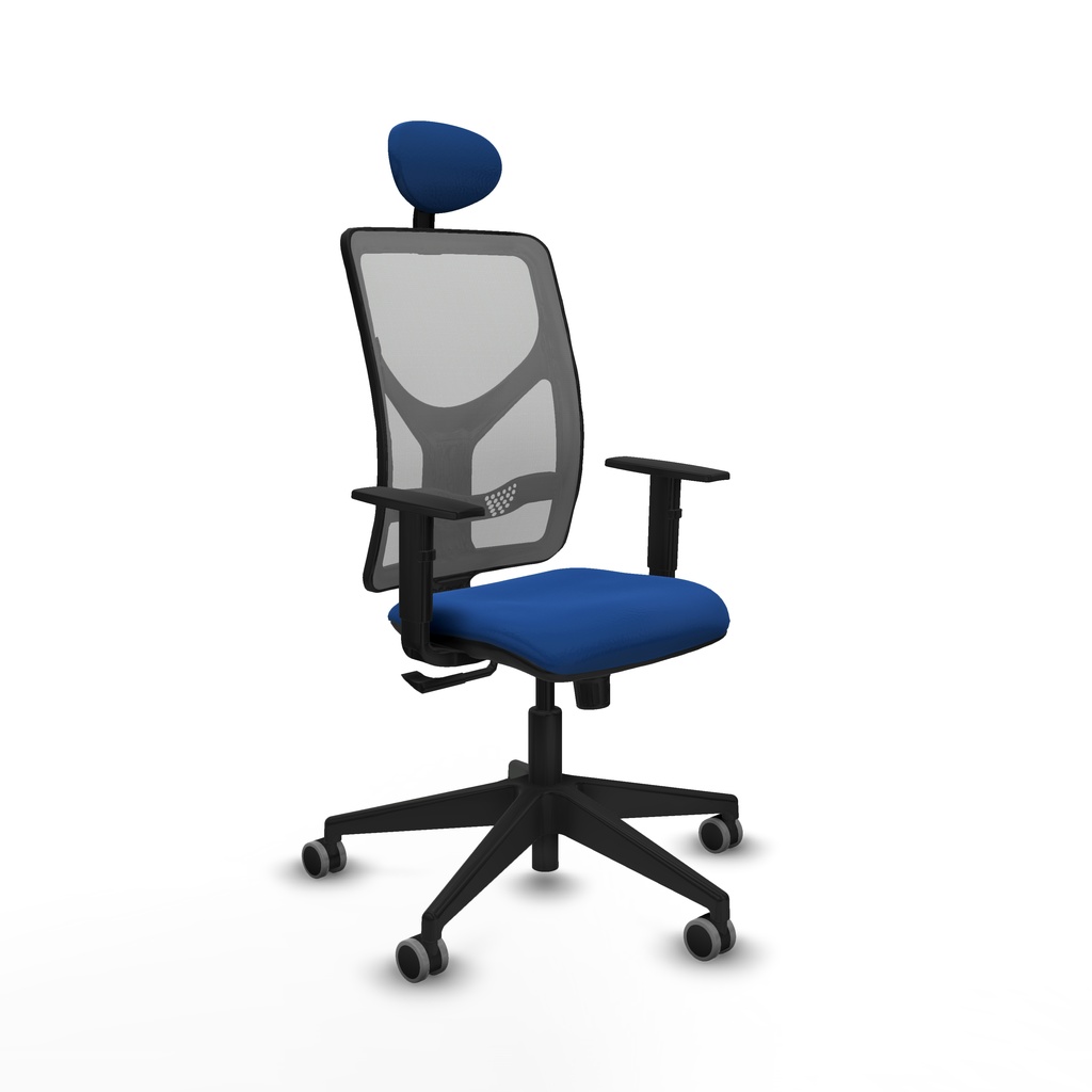 [21S2M3S229B1D066G1] Motilla sincro malla gris similpiel azul brazos 1D base piramidal cabecero fijo ruedas 65mm engomadas
