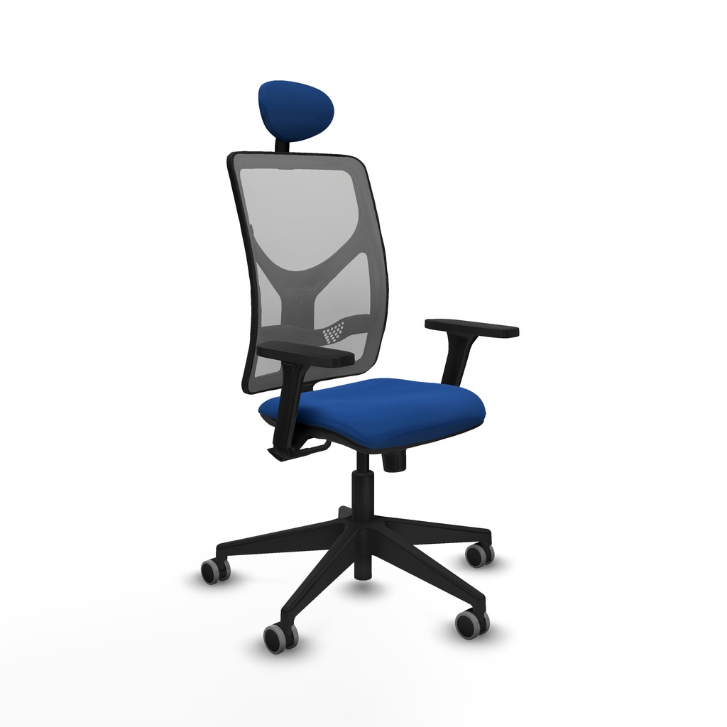 Motilla sincro malla gris similpiel azul brazos 3D base piramidal cabecero fijo ruedas 65mm engomadas