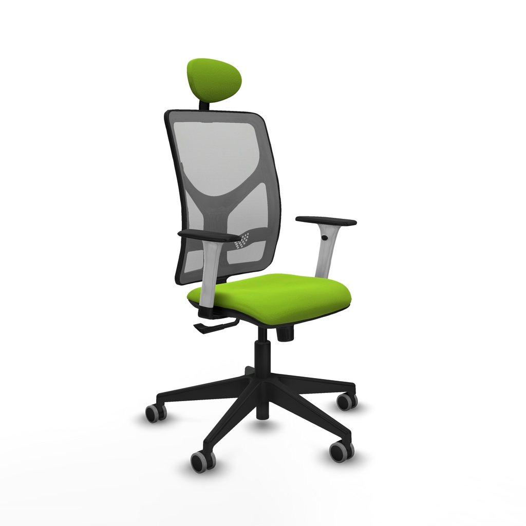 Motilla sincro malla gris similpiel pistacho brazos blancos base piramidal cabecero fijo ruedas 65mm engomadas