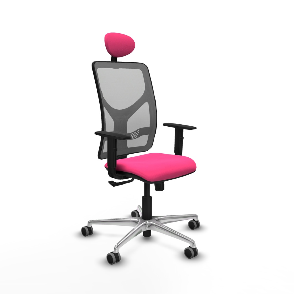 Motilla sincro malla gris similpiel rosa brazos 1D base aluminio cabecero fijo ruedas 65mm engomadas