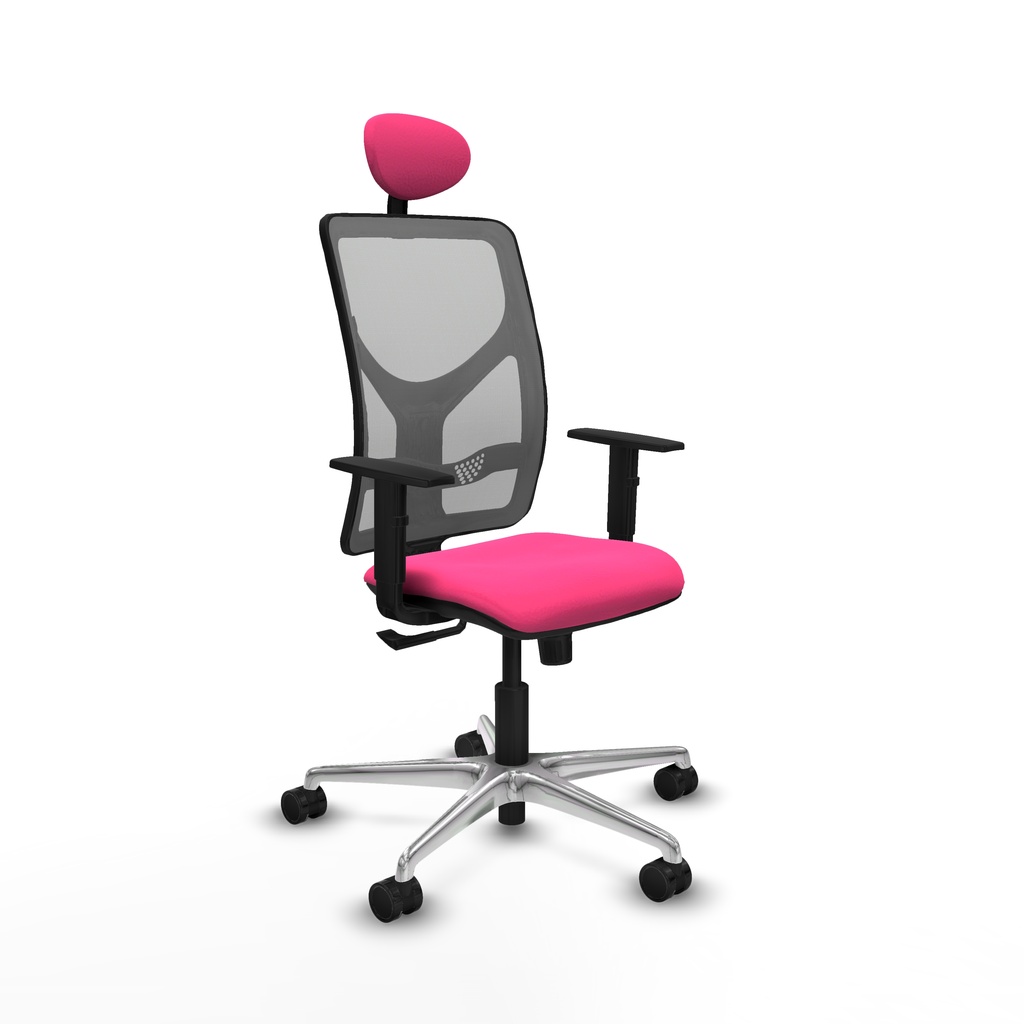 Motilla sincro malla gris similpiel rosa brazos 1D base aluminio cabecero fijo ruedas 65mm nailon