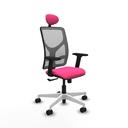 Motilla sincro malla gris similpiel rosa brazos 2D base blanca cabecero fijo ruedas 65mm nailon