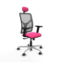 Motilla sincro malla gris similpiel rosa brazos 2D base aluminio cabecero fijo ruedas 65mm engomadas