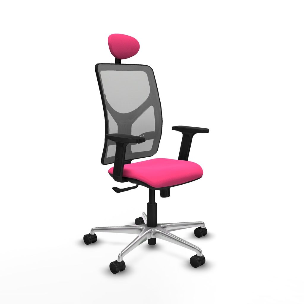 Motilla sincro malla gris similpiel rosa brazos 2D base aluminio cabecero fijo ruedas 65mm nailon
