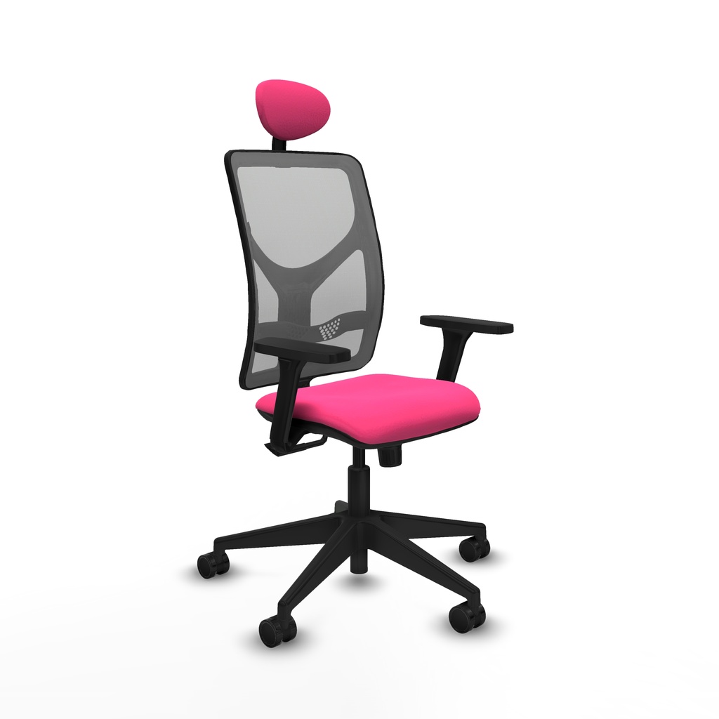 Motilla sincro malla gris similpiel rosa brazos 3D base piramidal cabecero fijo ruedas 65mm nailon