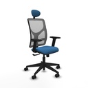Motilla sincro malla gris similpiel azul claro brazos 2D base piramidal cabecero fijo ruedas 65mm nailon