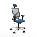Motilla sincro malla gris similpiel azul claro brazos 2D base aluminio cabecero fijo ruedas 65mm nailon