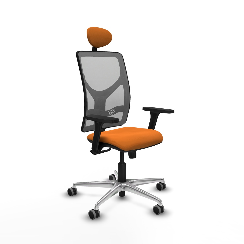 Motilla sincro malla gris similpiel naranja brazos 3D base aluminio cabecero fijo ruedas 65mm engomadas