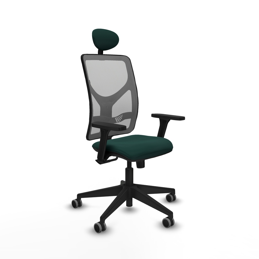 Motilla sincro malla gris similpiel verde botella brazos 3D base piramidal cabecero fijo ruedas 65mm engomadas