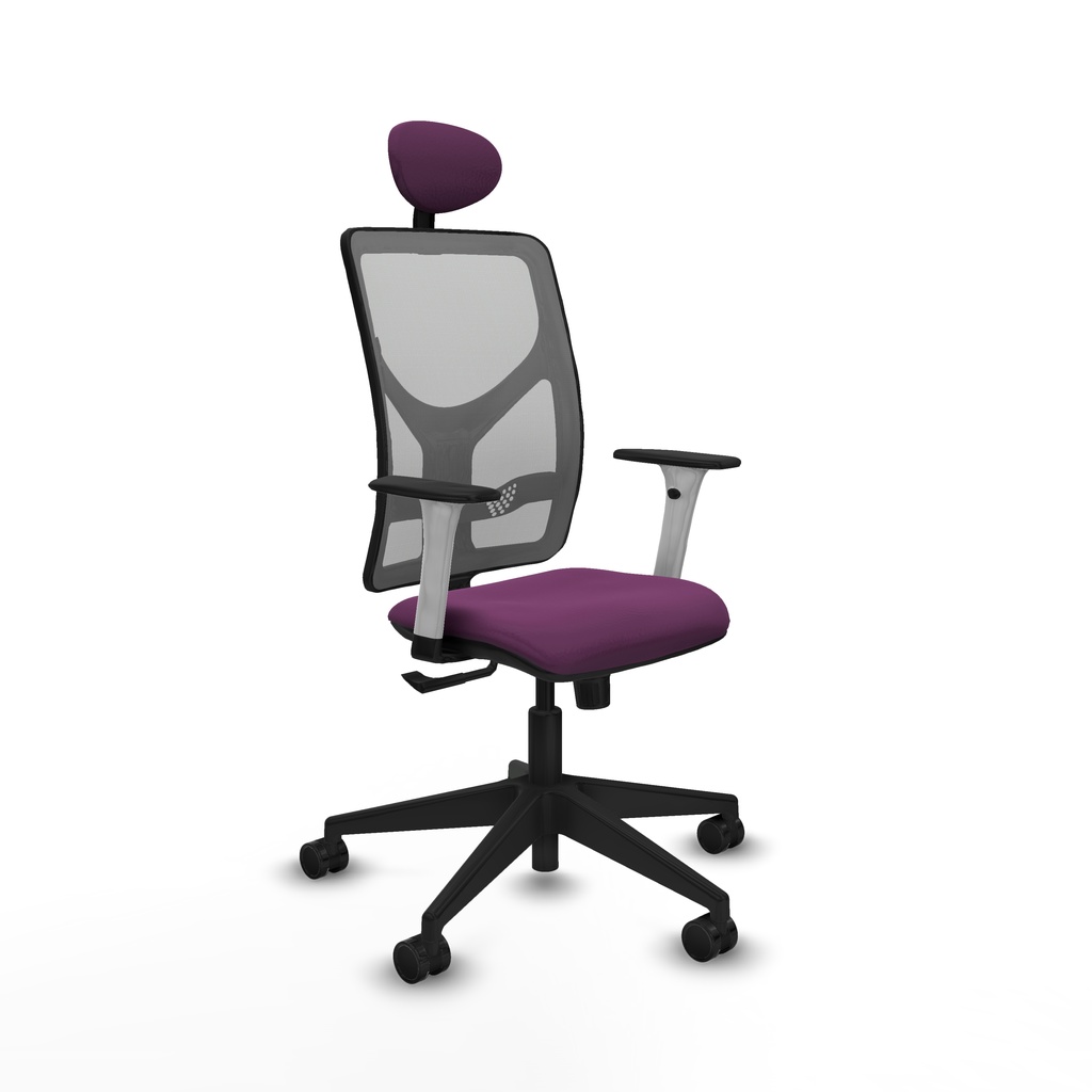 Motilla sincro malla gris similpiel morado brazos blancos base piramidal cabecero fijo ruedas 65mm nailon