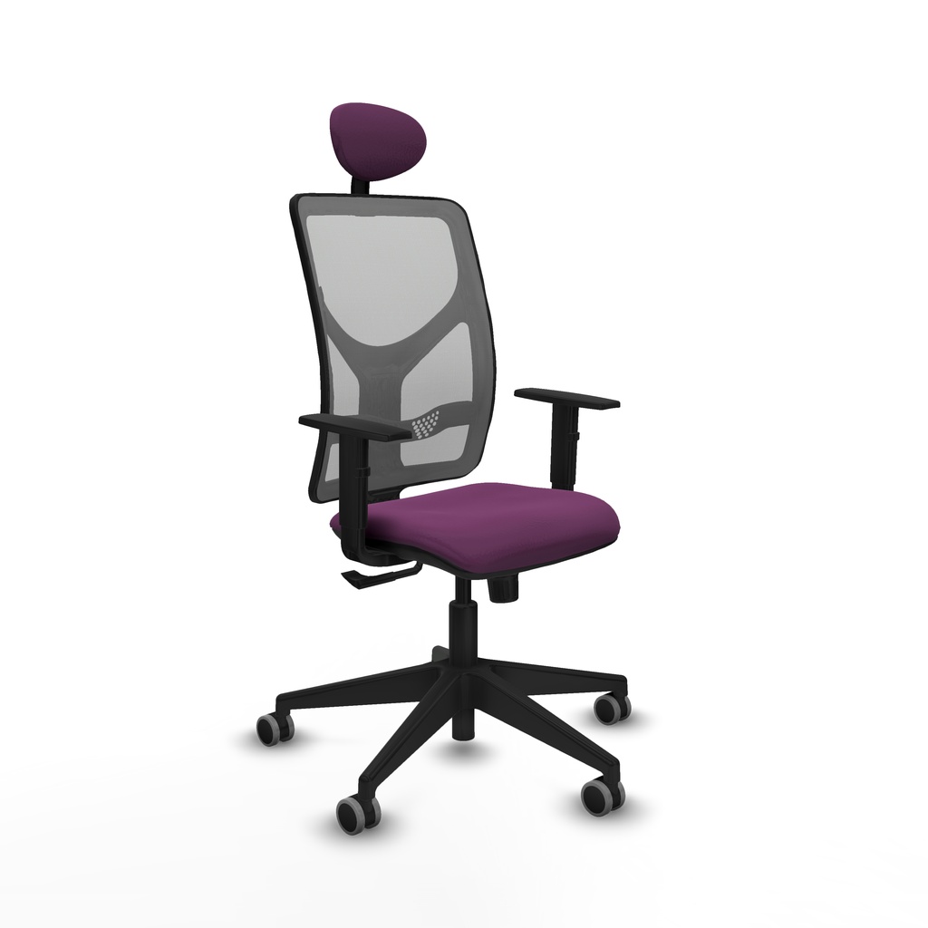 Motilla sincro malla gris similpiel morado brazos 1D base piramidal cabecero fijo ruedas 65mm engomadas