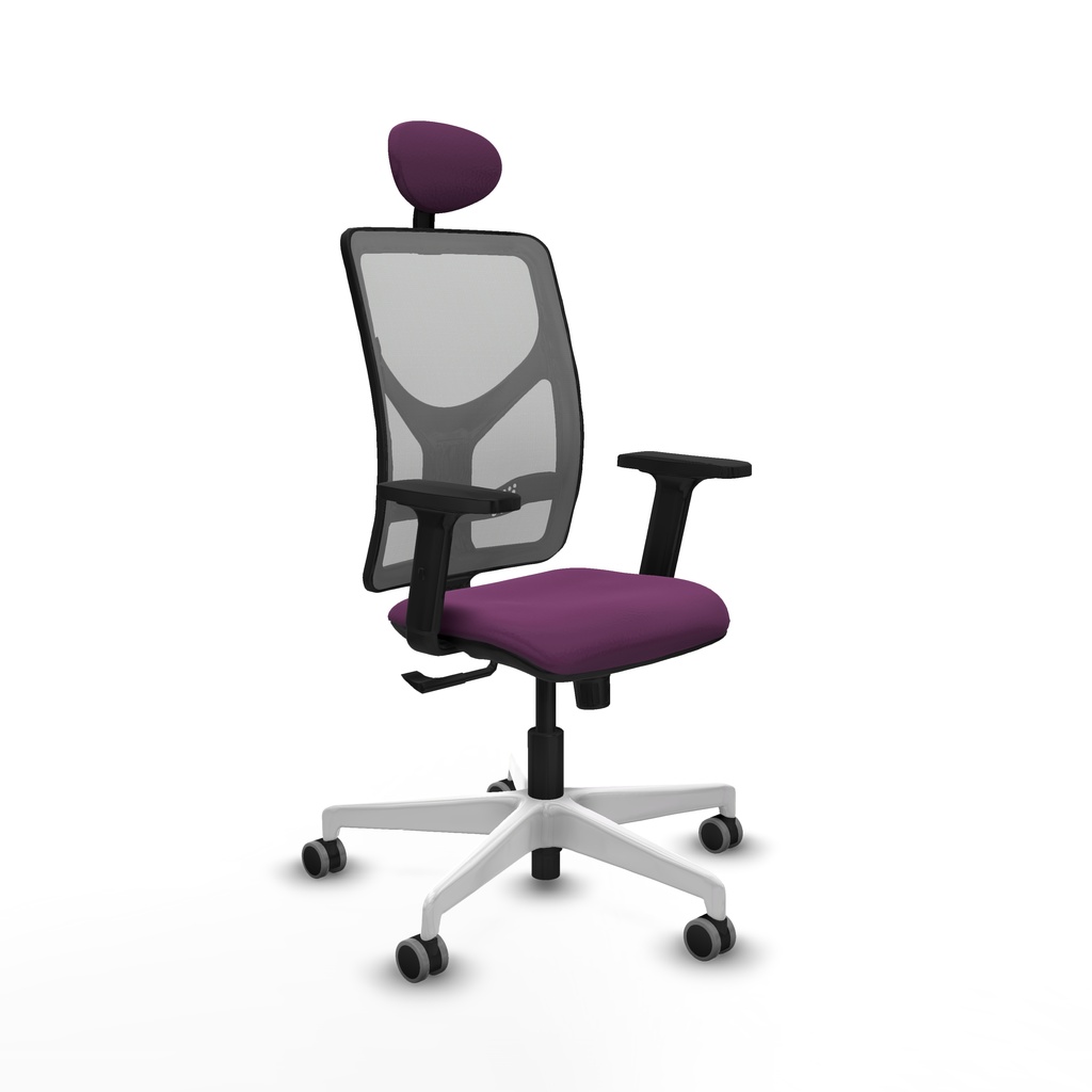 Motilla sincro malla gris similpiel morado brazos 2D base blanca cabecero fijo ruedas 65mm engomadas