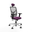 Motilla sincro malla gris similpiel morado brazos 2D base blanca cabecero fijo ruedas 65mm engomadas