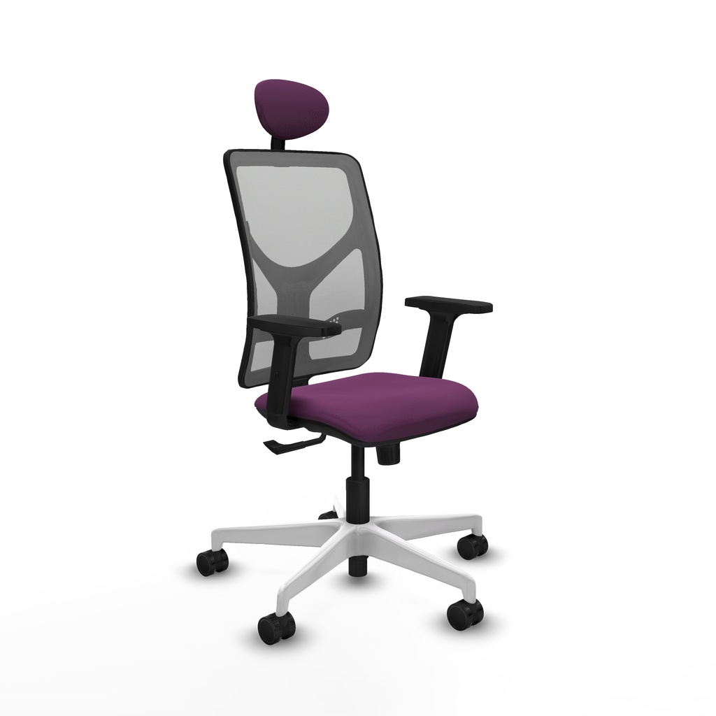 Motilla sincro malla gris similpiel morado brazos 2D base blanca cabecero fijo ruedas 65mm nailon