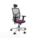 Motilla sincro malla gris similpiel morado brazos 2D base blanca cabecero fijo ruedas 65mm nailon
