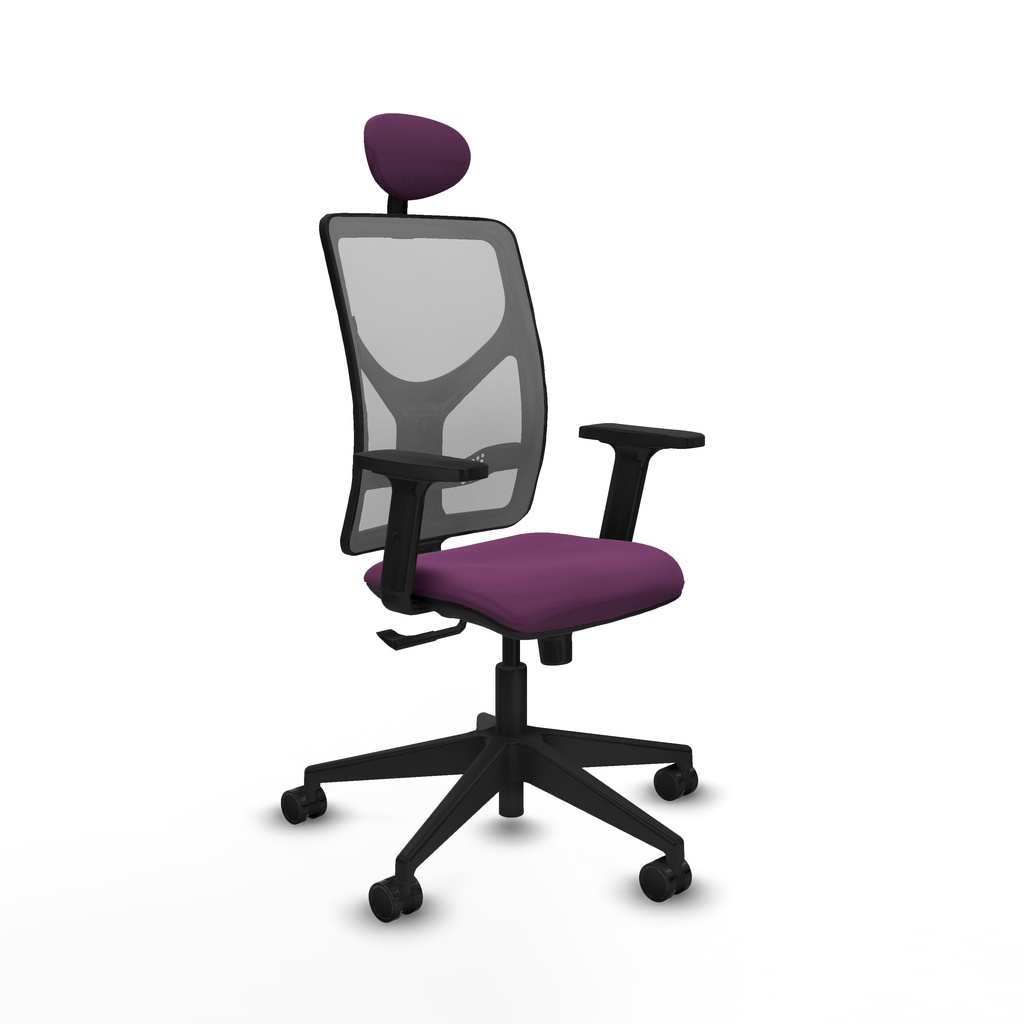 Motilla sincro malla gris similpiel morado brazos 2D base piramidal cabecero fijo ruedas 65mm nailon
