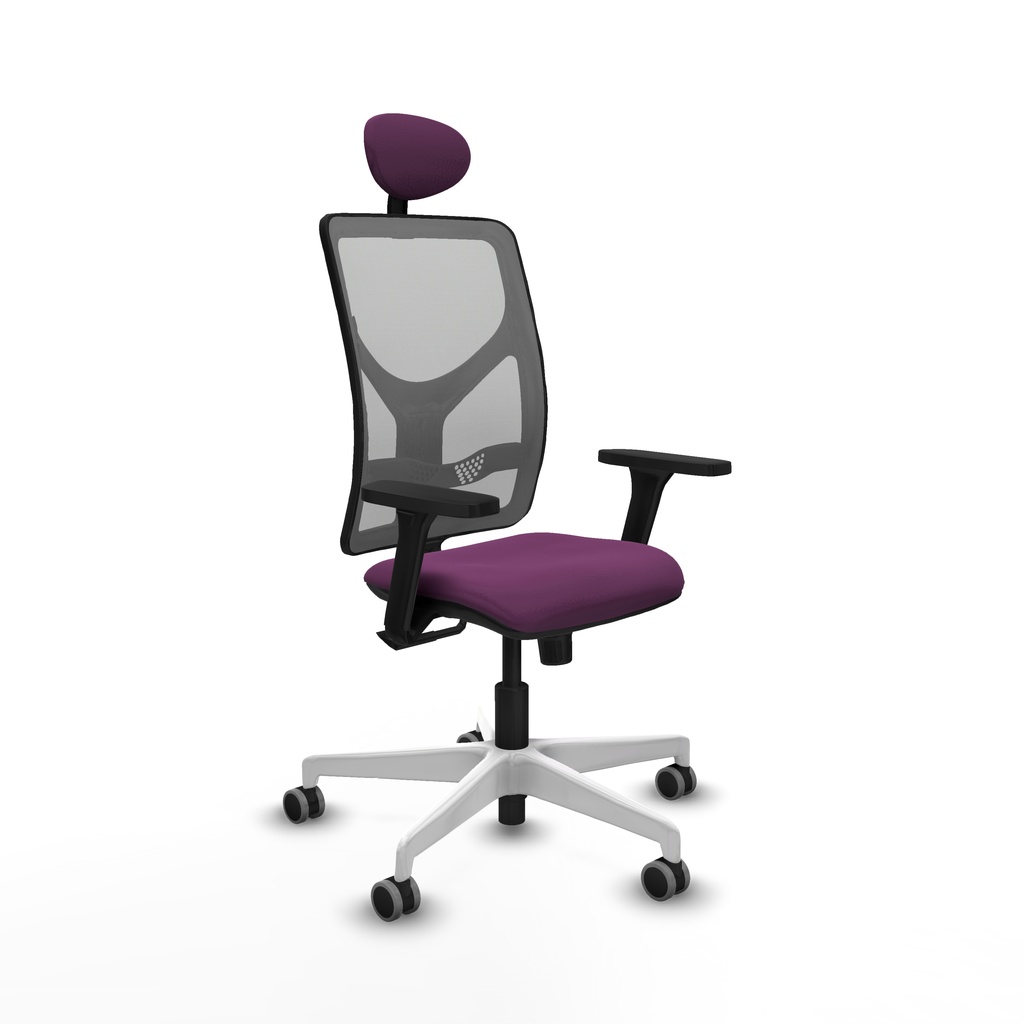Motilla sincro malla gris similpiel morado brazos 3D base blanca cabecero fijo ruedas 65mm engomadas