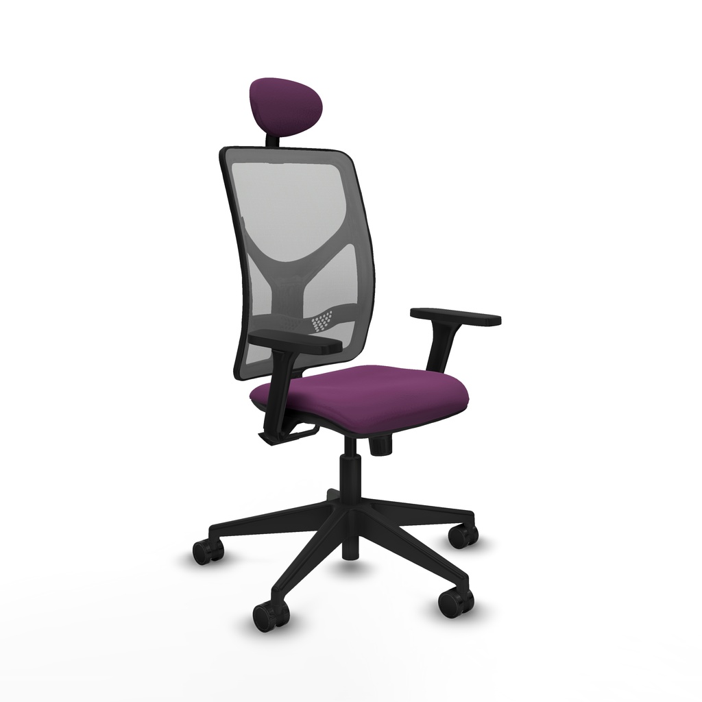 Motilla sincro malla gris similpiel morado brazos 3D base piramidal cabecero fijo ruedas 65mm nailon
