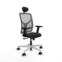 Motilla sincro malla gris similpiel negro brazos 2D base blanca cabecero fijo ruedas 65mm nailon