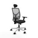 Motilla sincro malla gris similpiel negro brazos 3D base blanca cabecero fijo ruedas 65mm nailon