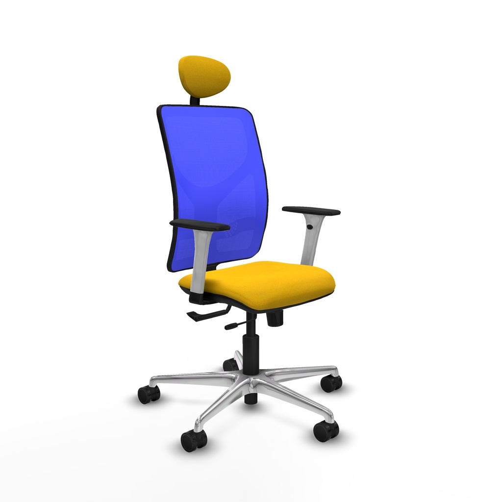 [21STM1B100B1B086N1] Motilla traslack malla azul bali amarillo brazos blancos base aluminio cabecero fijo ruedas 65mm nailon