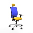 Motilla traslack malla azul similpiel amarillo brazos 3D base blanca cabecero fijo ruedas 65mm nailon