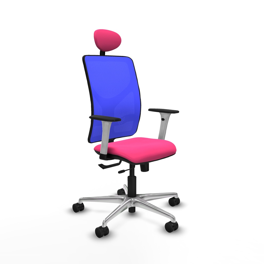 Motilla traslack malla azul similpiel rosa brazos blancos base aluminio cabecero fijo ruedas 65mm nailon