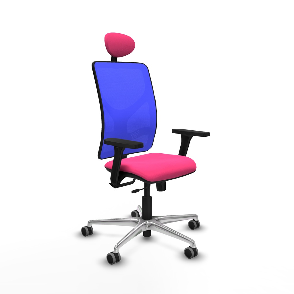 Motilla traslack malla azul similpiel rosa brazos 3D base aluminio cabecero fijo ruedas 65mm engomadas