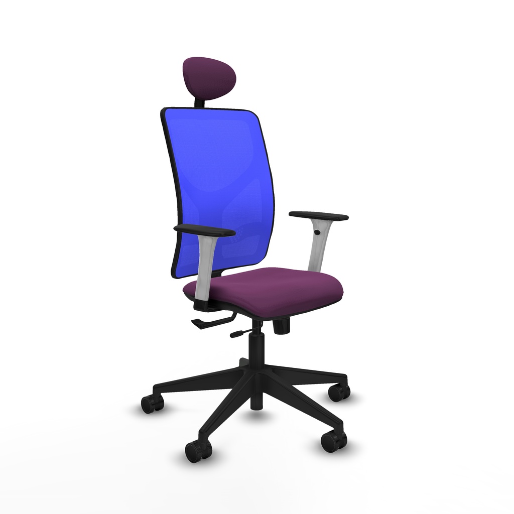 Motilla traslack malla azul similpiel morado brazos blancos base piramidal cabecero fijo ruedas 65mm nailon