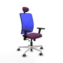 Motilla traslack malla azul similpiel morado brazos 3D base blanca cabecero fijo ruedas 65mm engomadas