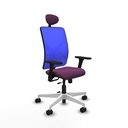 Motilla traslack malla azul similpiel morado brazos 3D base blanca cabecero fijo ruedas 65mm nailon